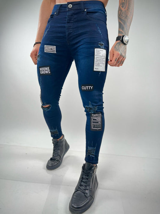 Dark Blue Skinny Jeans with Modern Patches - S198