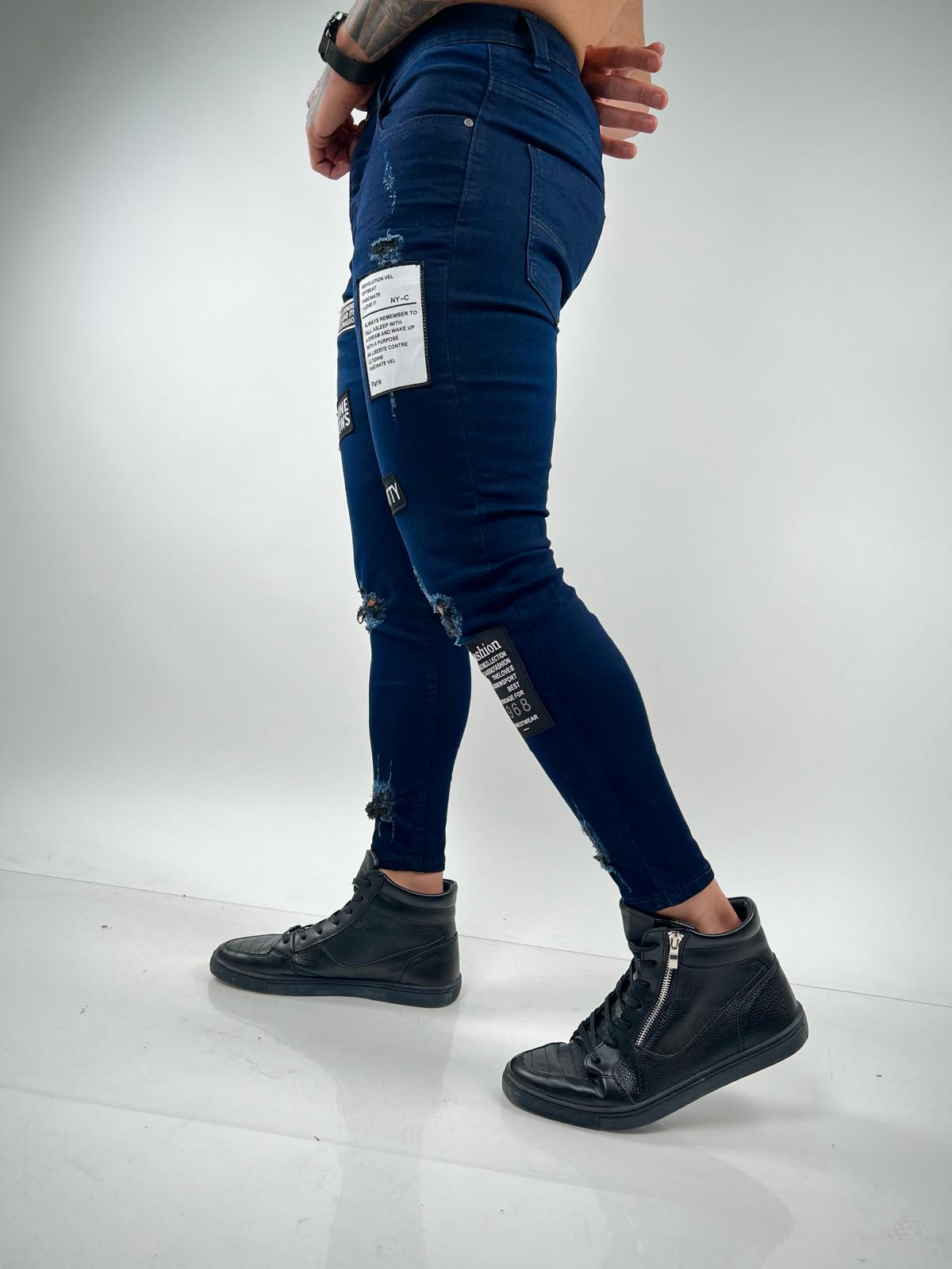 Dark Blue Skinny Jeans with Modern Patches - S198