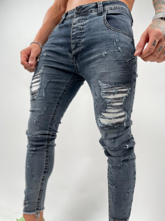 EM-S137 Dark Grey Distressed Skinny Jeans with White Lining