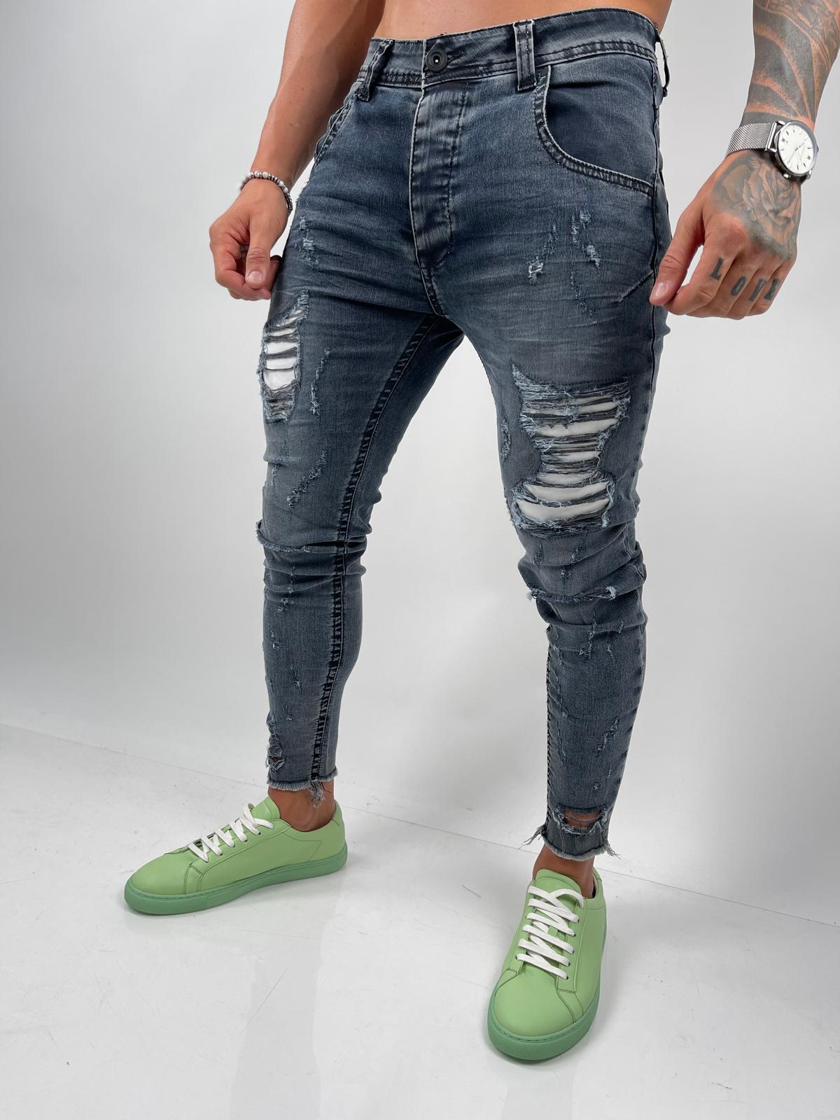 EM-S137 Dark Grey Distressed Skinny Jeans with White Lining