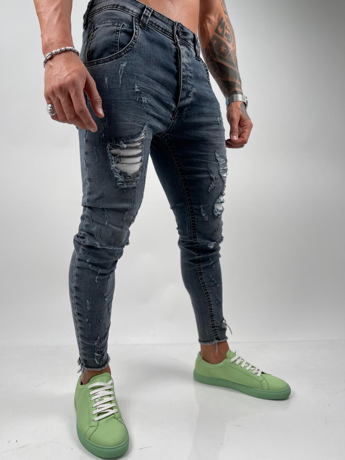 EM-S137 Dark Grey Distressed Skinny Jeans with White Lining