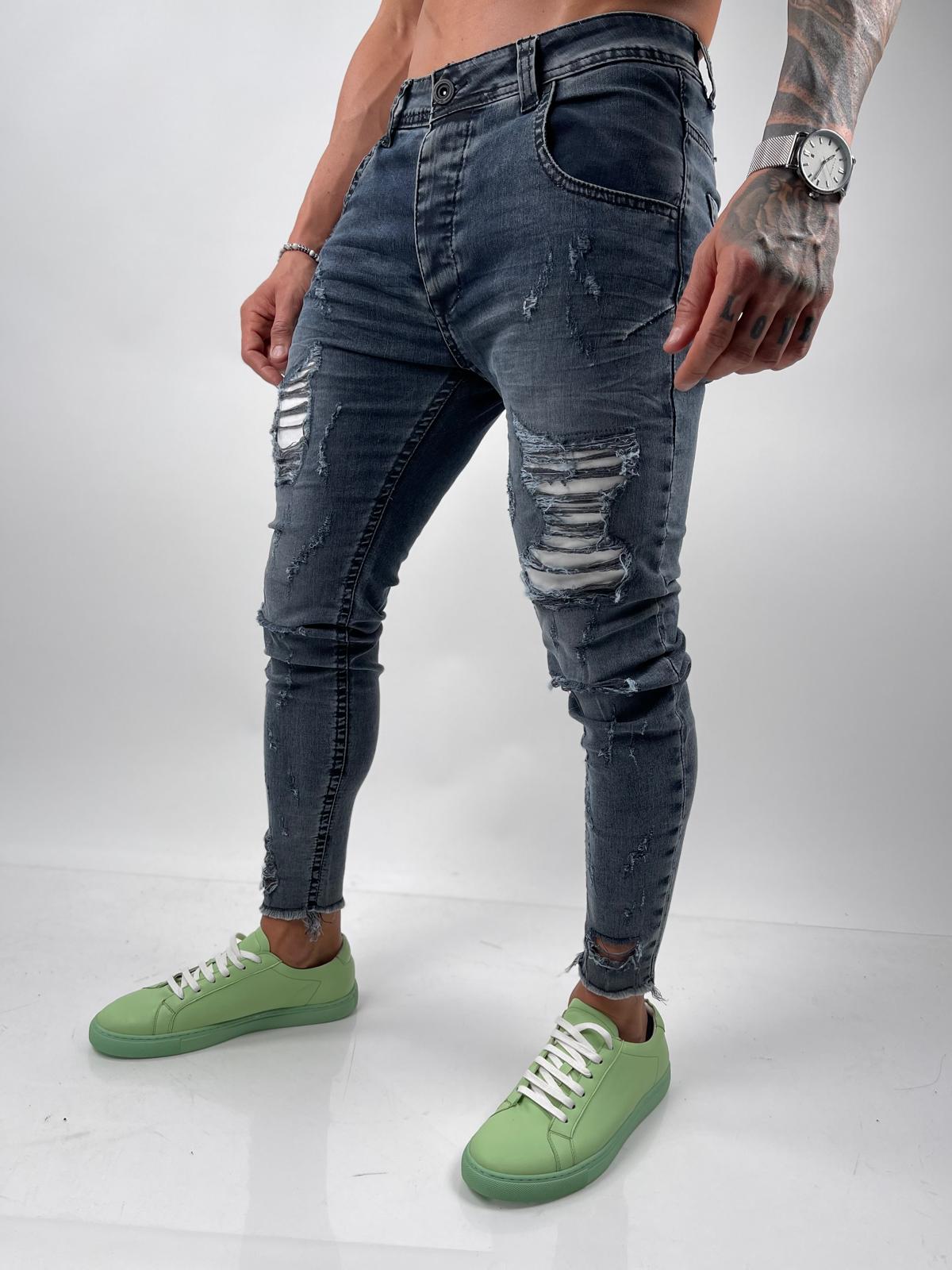EM-S137 Dark Grey Distressed Skinny Jeans with White Lining
