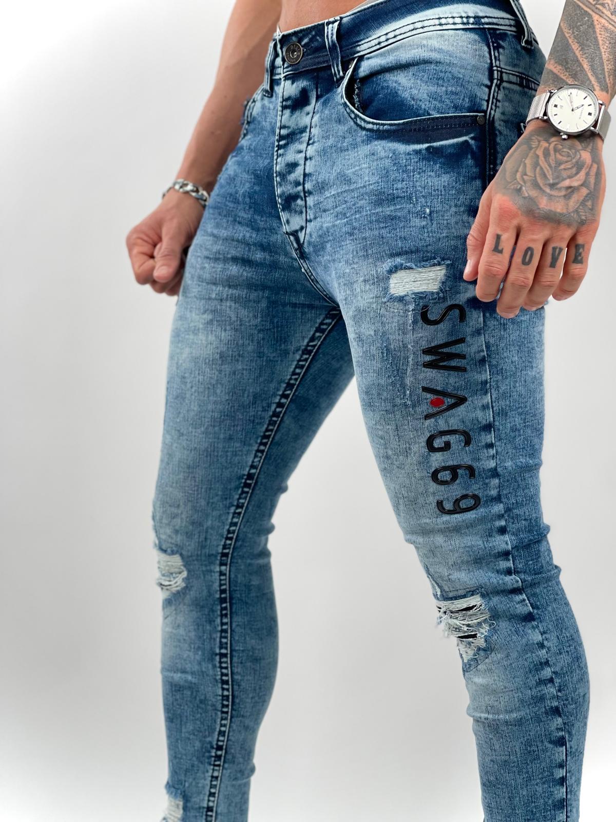 Light Distressed Skinny Jeans with SWAG69 Patch - S183