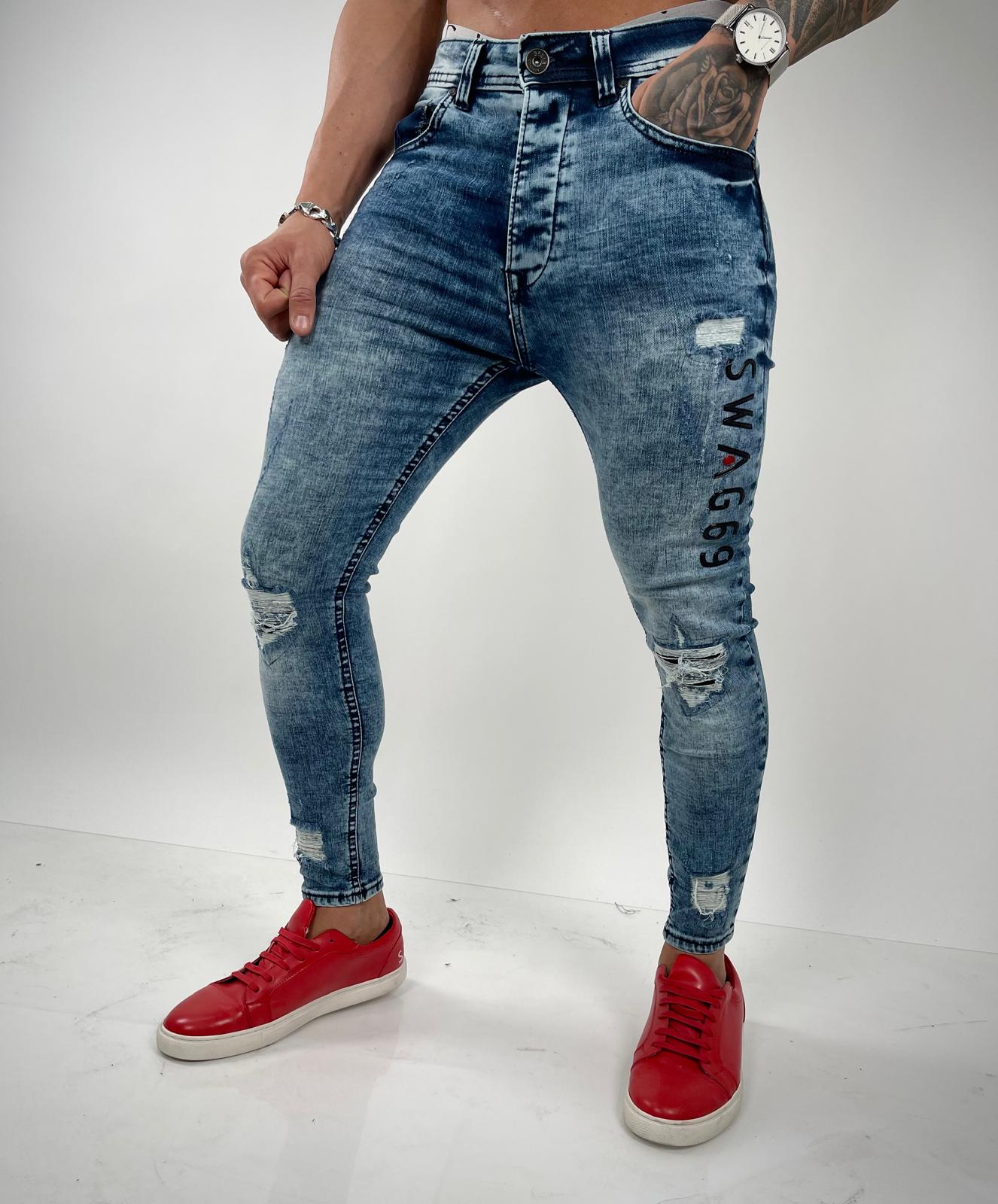 Light Distressed Skinny Jeans with SWAG69 Patch - S183