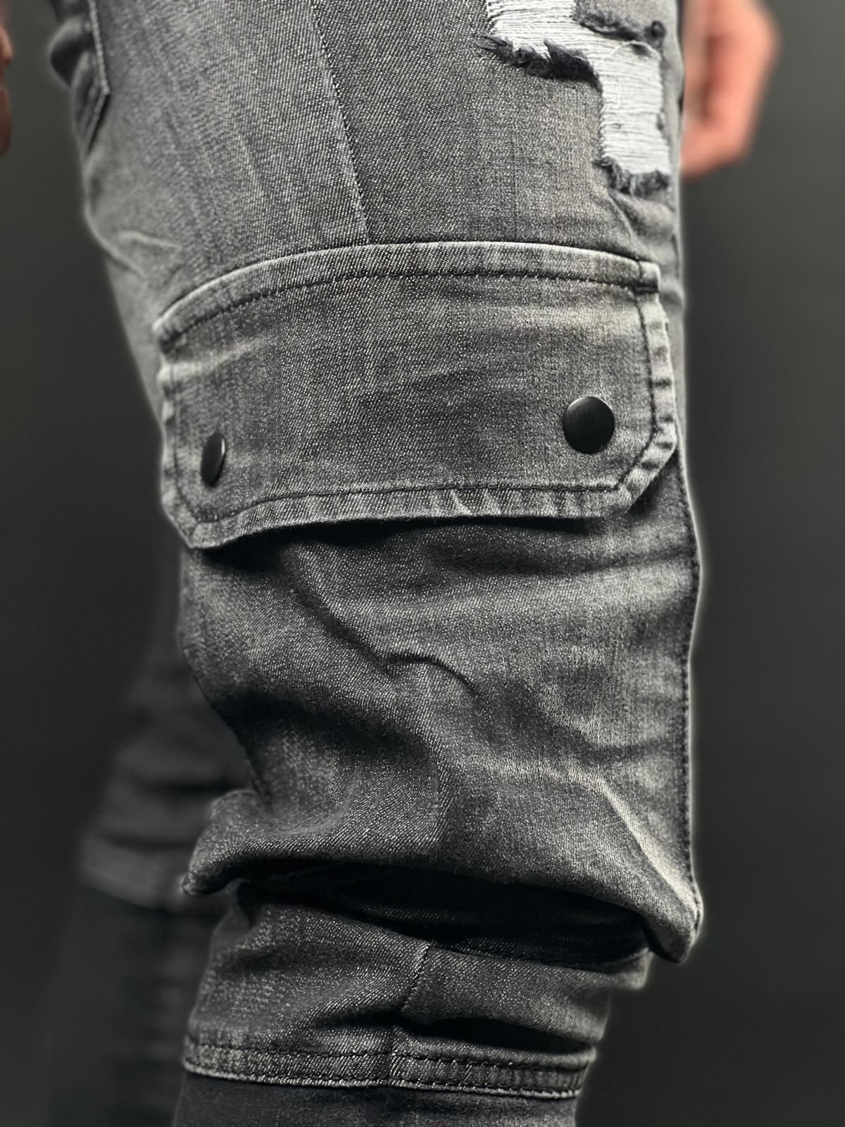 Dark Gray Stretch Denim Jogger Cargo Pants with Patches – Model S10