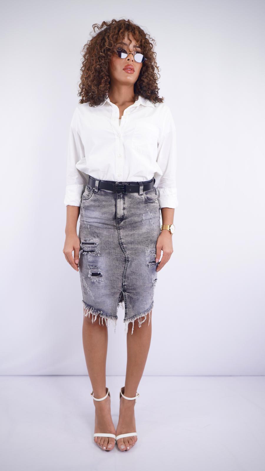 EM-S4 – Women’s Grey Midi Skirt with Front Slit & Distressed Detail