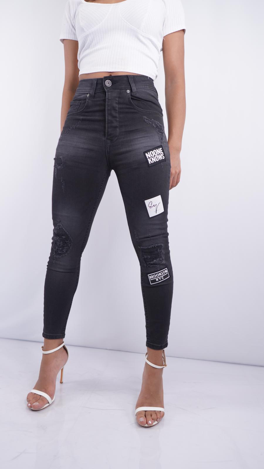 S-207 – Women’s High-Waist Black Skinny Jeans with Rips & One-Leg Patchwork