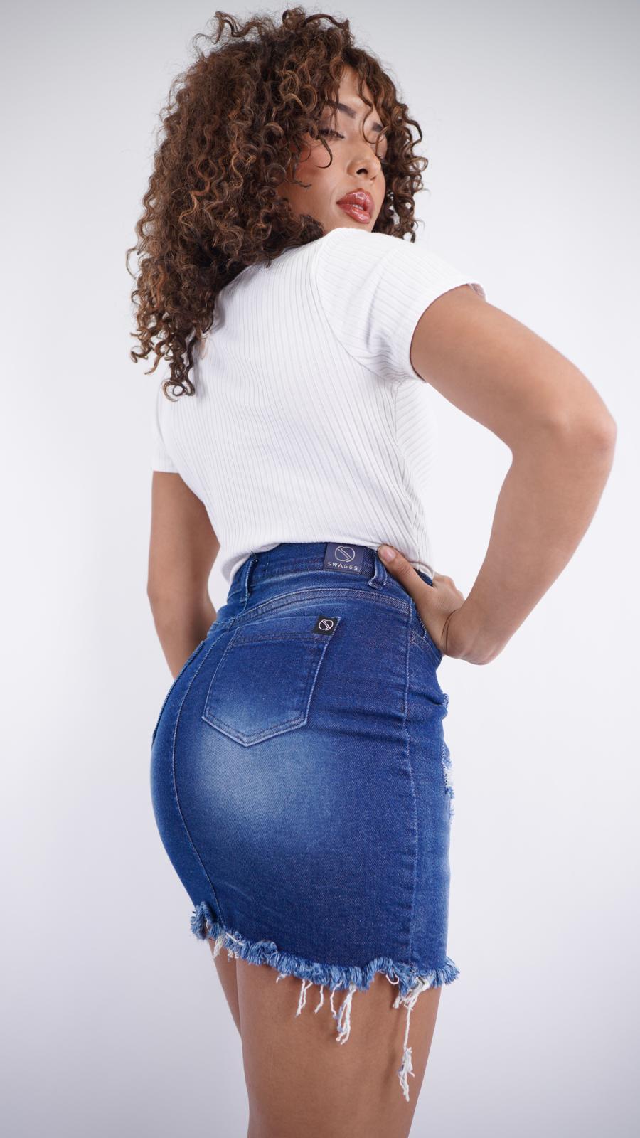 ES-11 – Women’s Dark Blue Mini Skirt with Front Buttons, Distressing & Frayed Hem