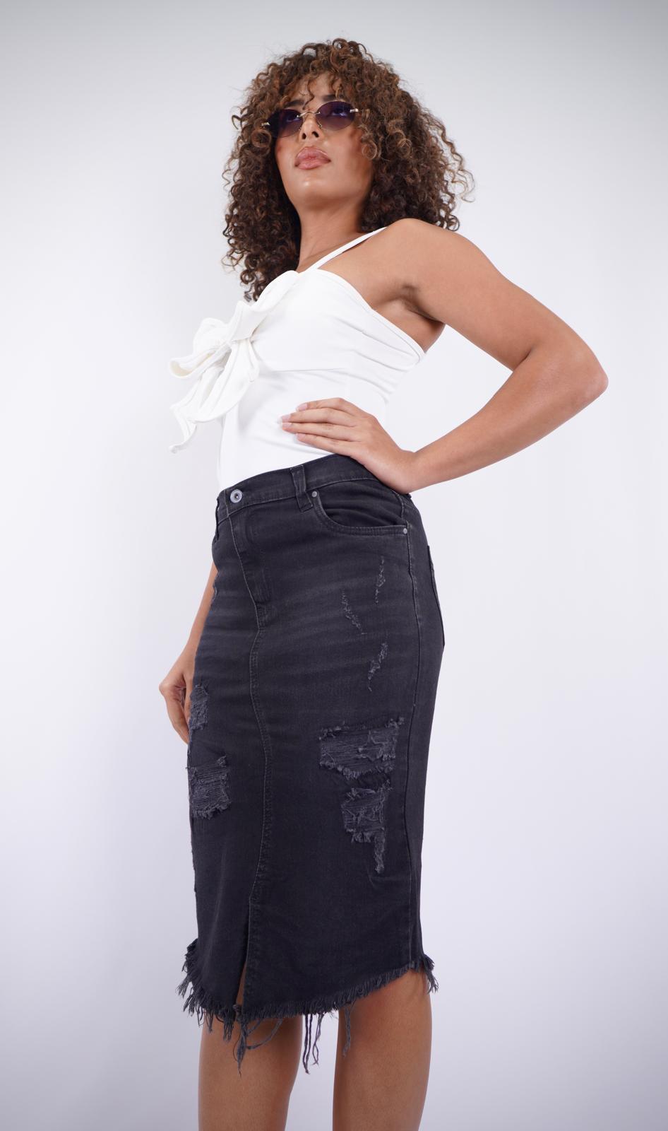 EM-S5 – Women’s High-Waist Black Midi Skirt with Rips, Slit & Frayed Hem