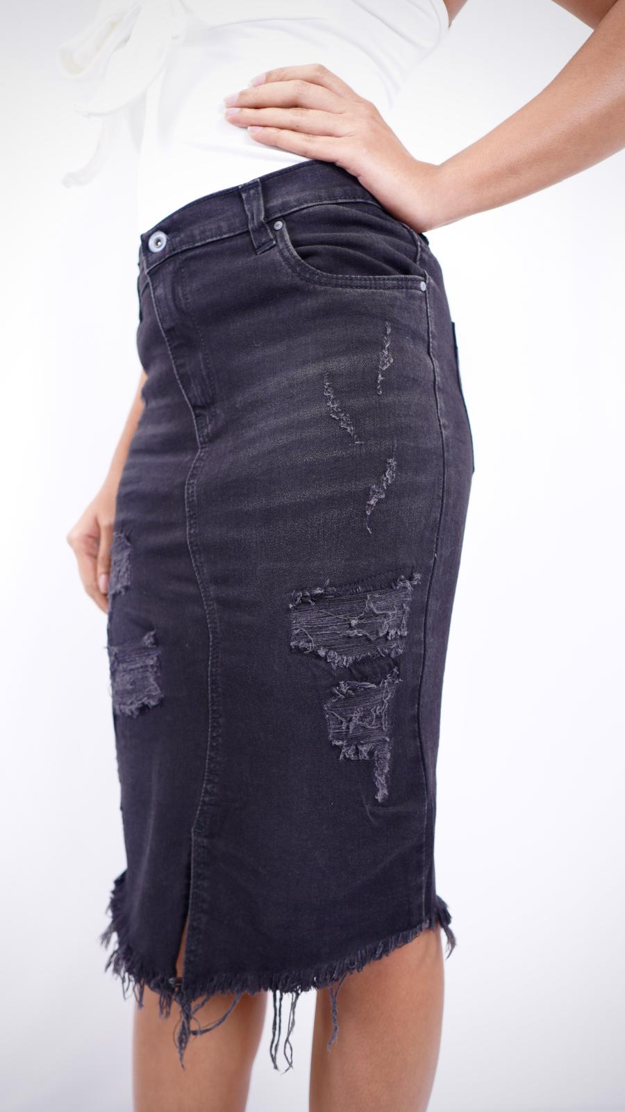 EM-S5 – Women’s High-Waist Black Midi Skirt with Rips, Slit & Frayed Hem