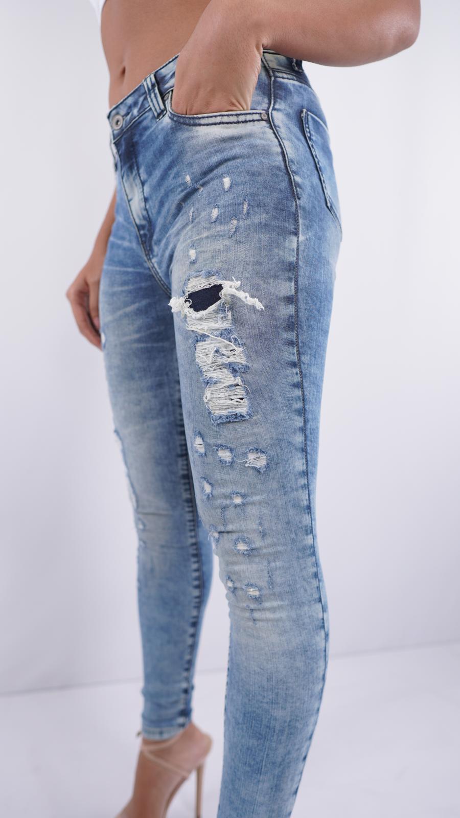ES-5 – Women’s Mid-Rise Blue Skinny Jeans with Stitched Rips & Abraded Details