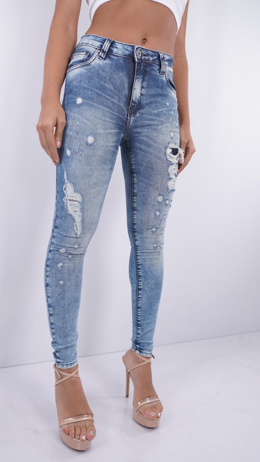 ES-5 – Women’s Mid-Rise Blue Skinny Jeans with Stitched Rips & Abraded Details