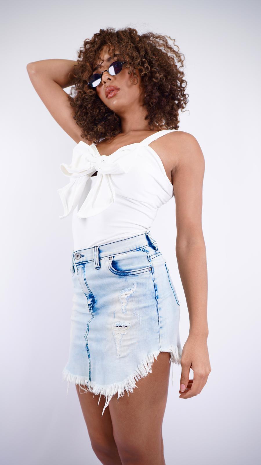 EM-S3 – Women’s High-Waist Light Blue Snow Wash Mini Skirt with Rips, Side Slit & Frayed Hem