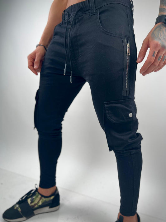 SWAG69 black denim jogger cargo pants, tapered fit