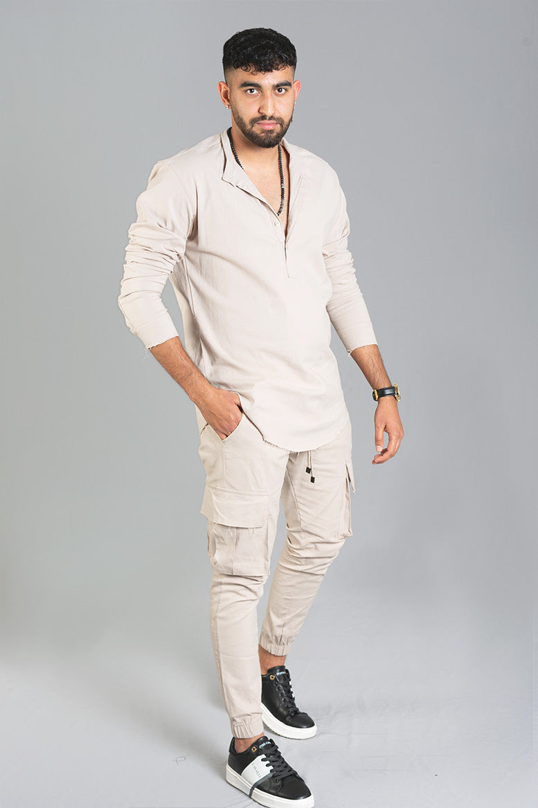 Linen Lycra Chinese Half-Button Shirt – Oversized & Stylish