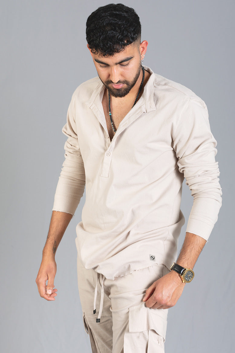 Linen Lycra Chinese Half-Button Shirt – Oversized & Stylish