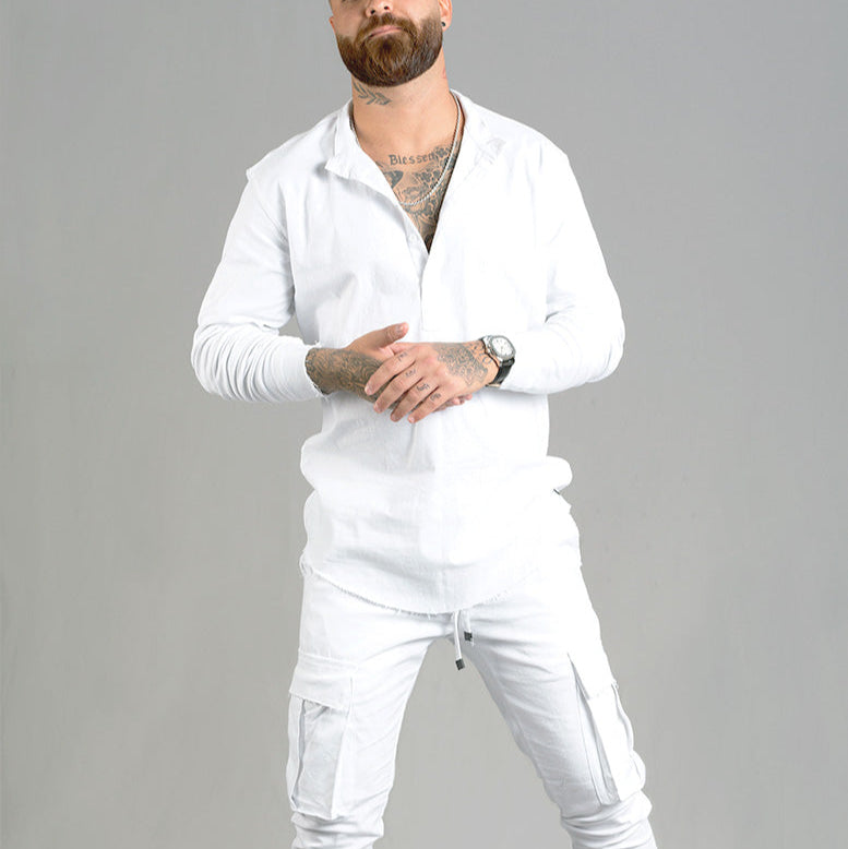Linen Lycra Chinese Half-Button Shirt – Oversized & Stylish