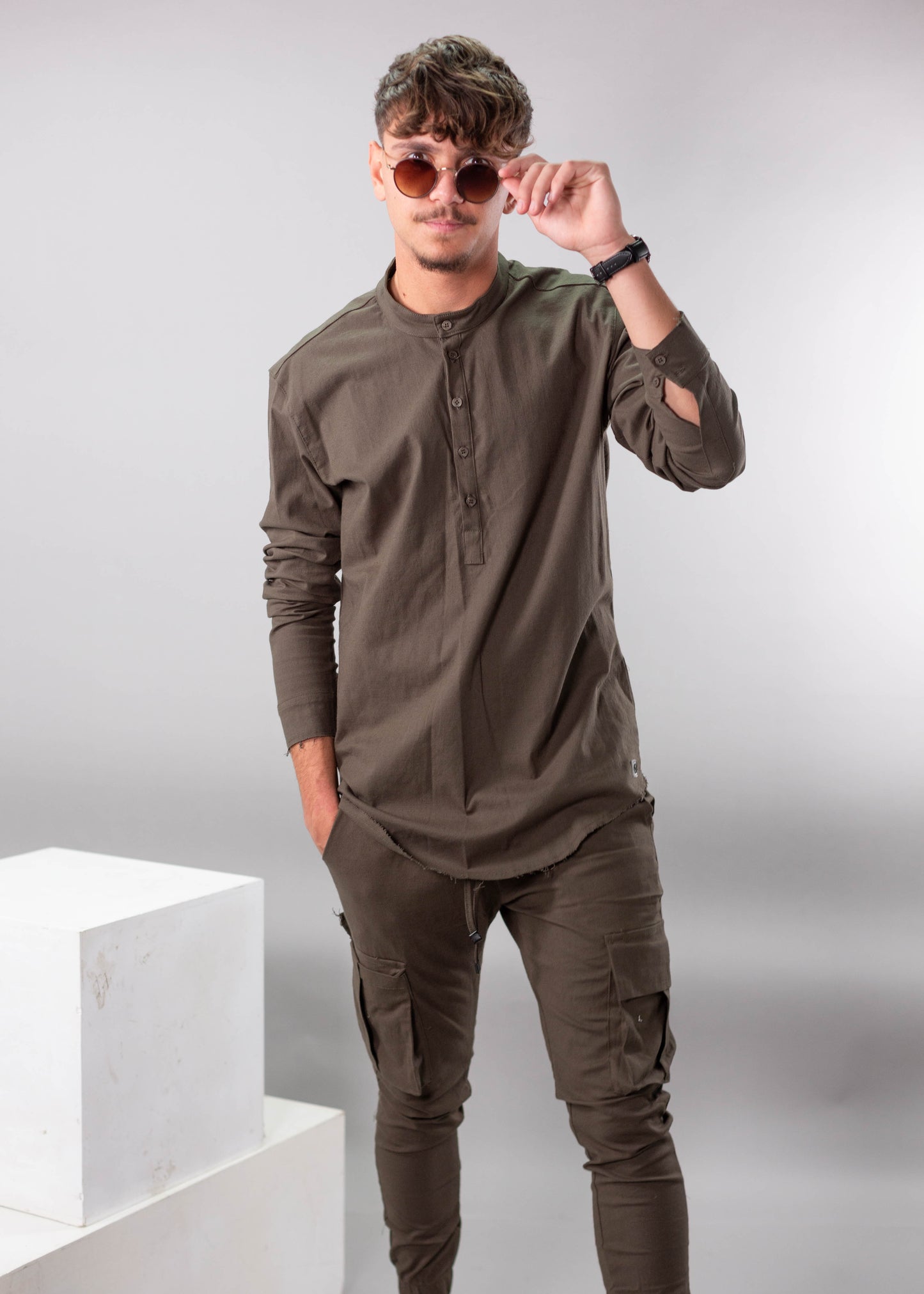 Linen Lycra Chinese Half-Button Shirt – Oversized & Stylish