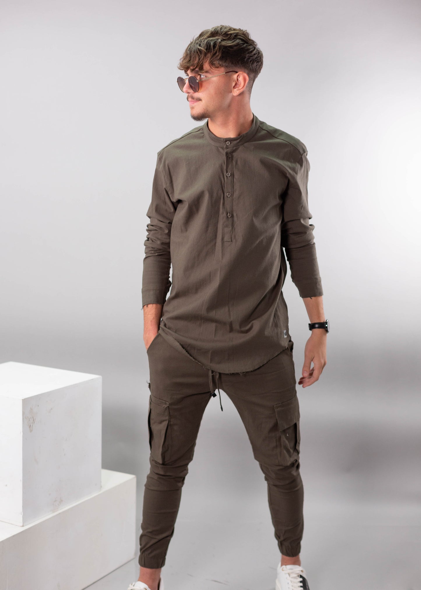 Linen Lycra Chinese Half-Button Shirt – Oversized & Stylish