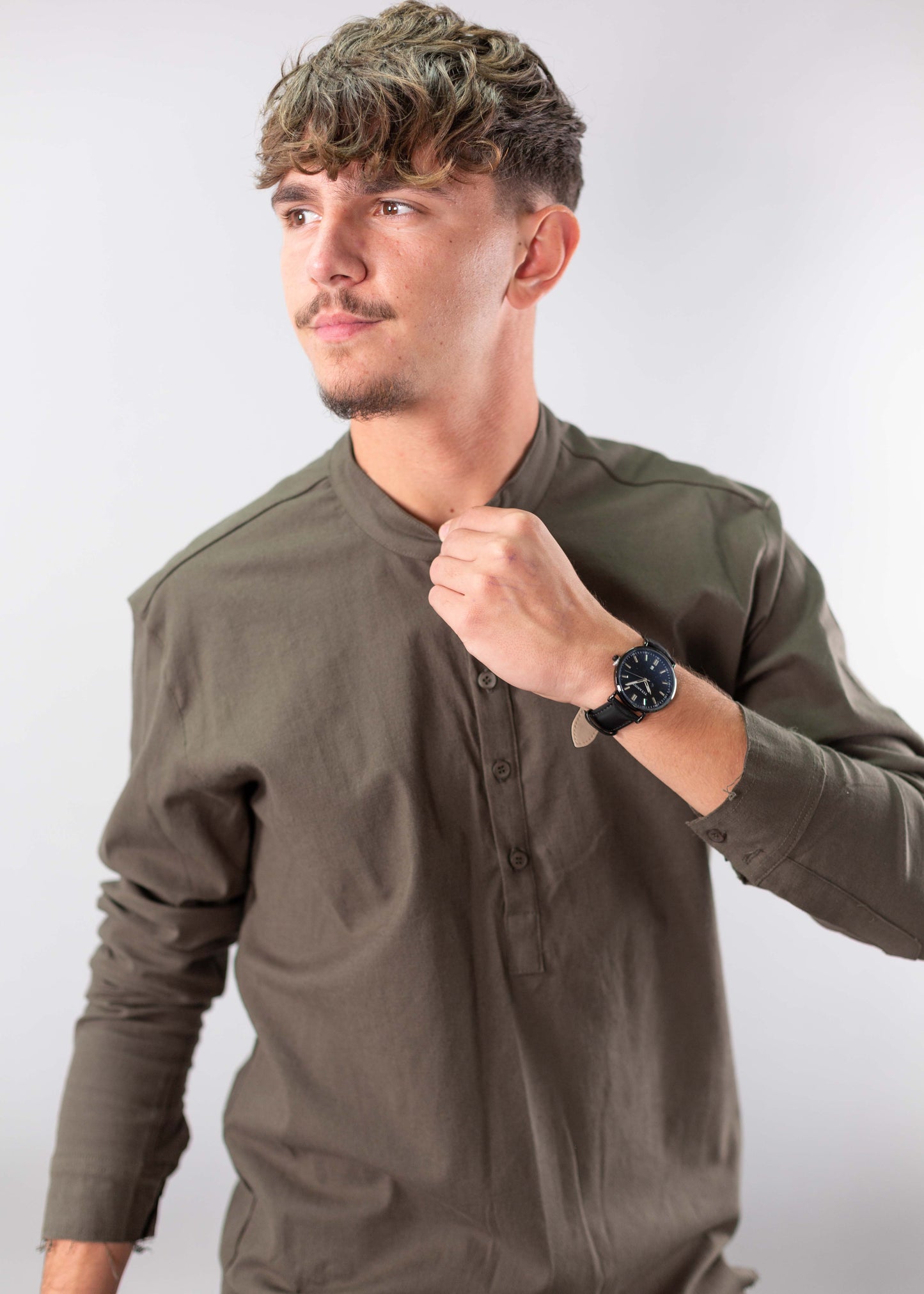 Linen Lycra Chinese Half-Button Shirt – Oversized & Stylish