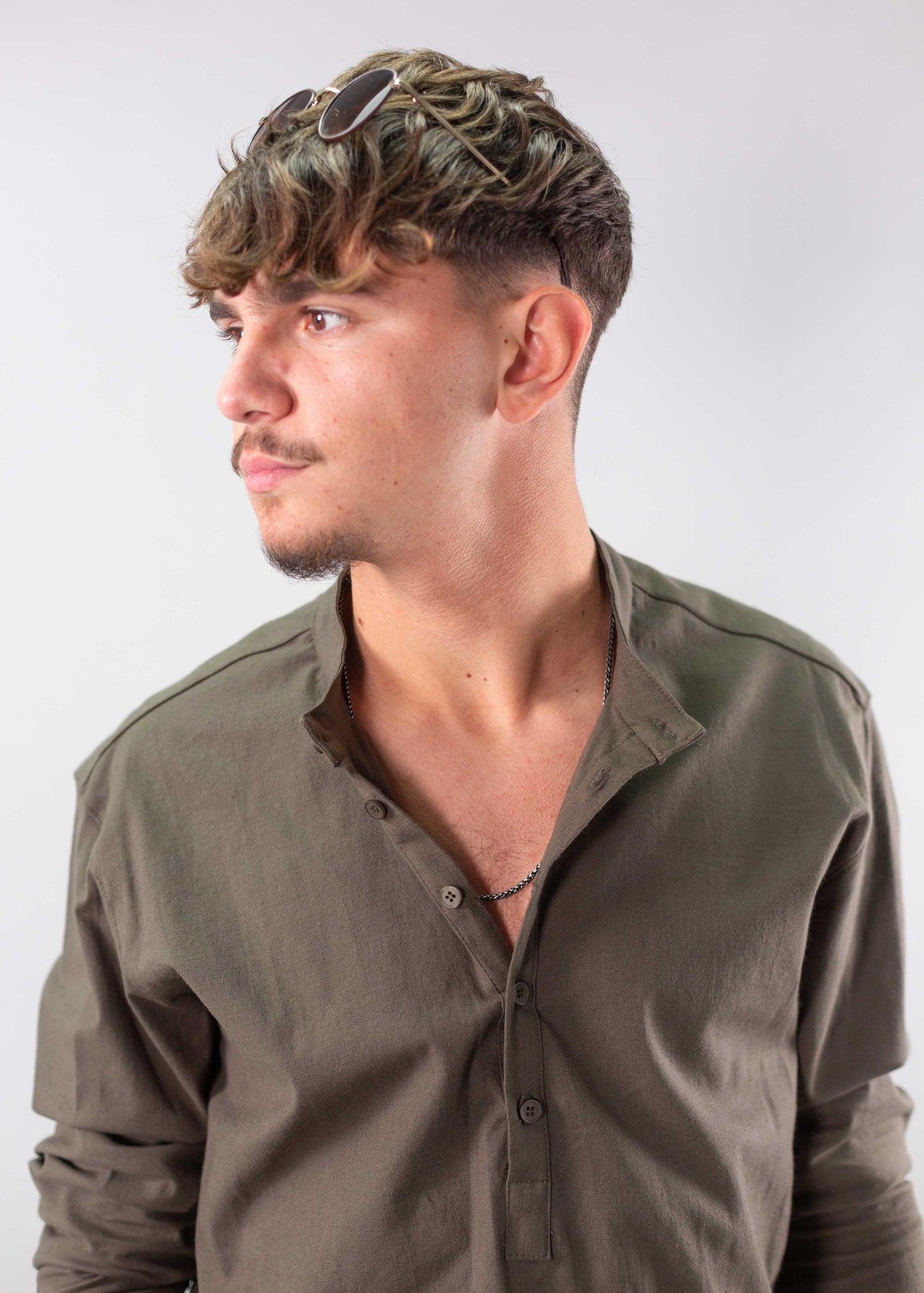 Linen Lycra Chinese Half-Button Shirt – Oversized & Stylish