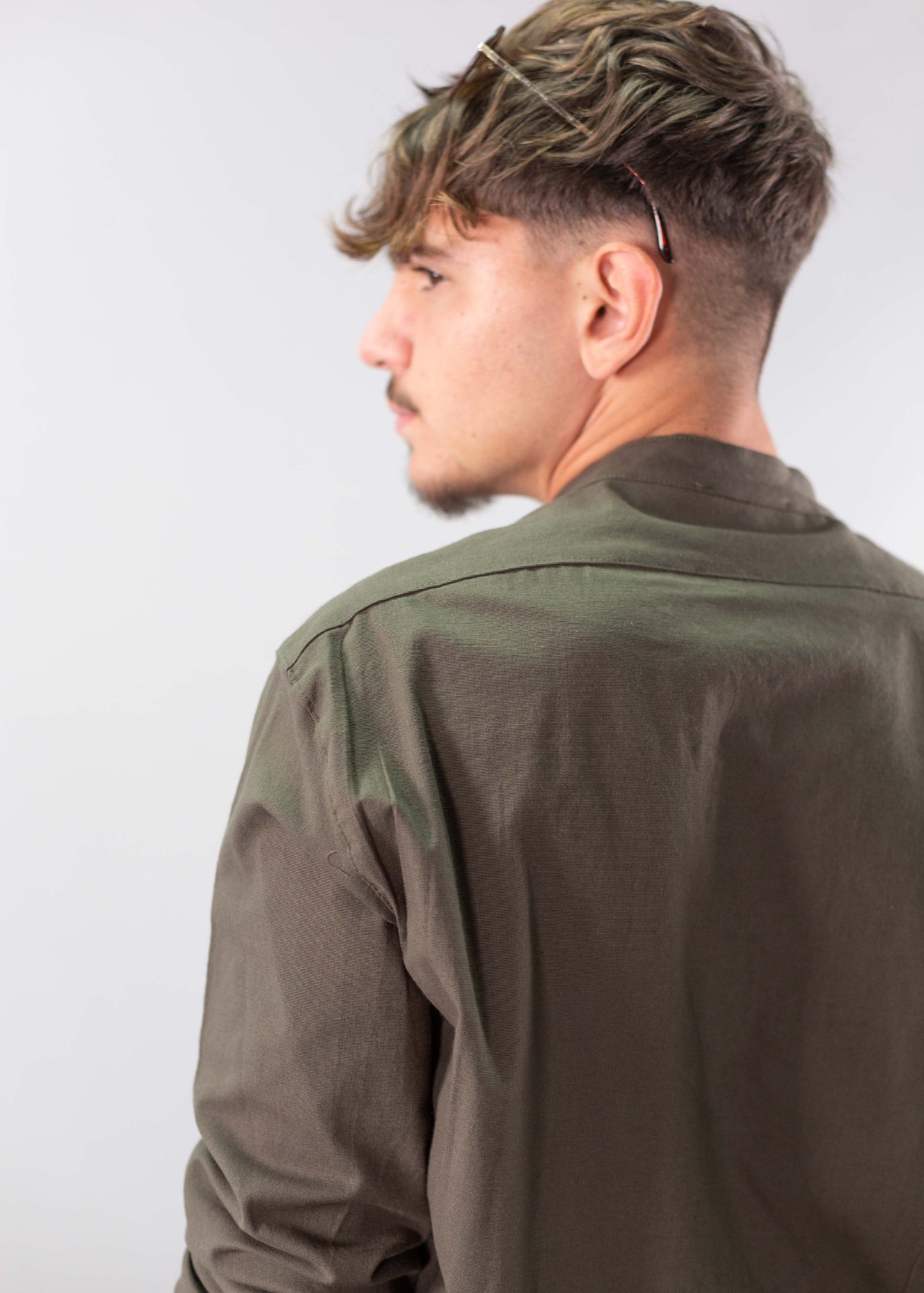 Linen Lycra Chinese Half-Button Shirt – Oversized & Stylish