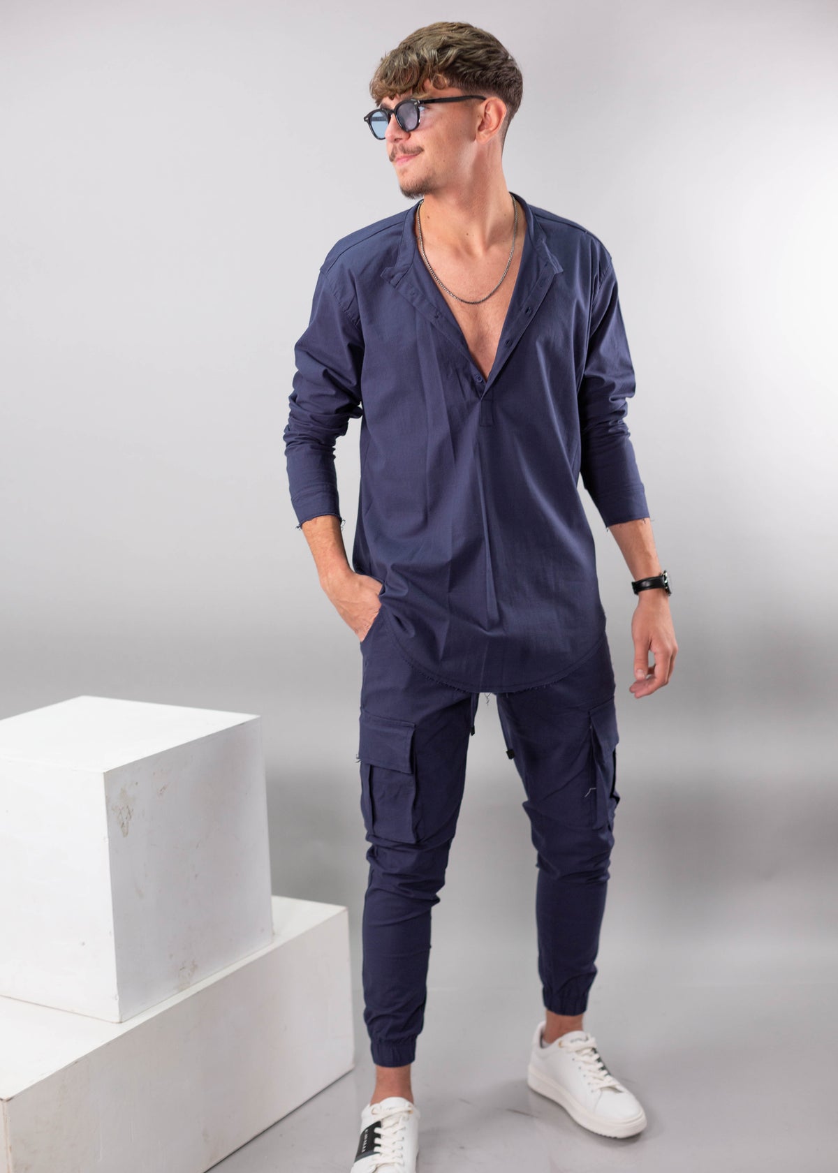 SWAG69 oversized linen-lycra mandarin collar shirt, Black/White/Navy/Gray/Beige/Green - photo 3