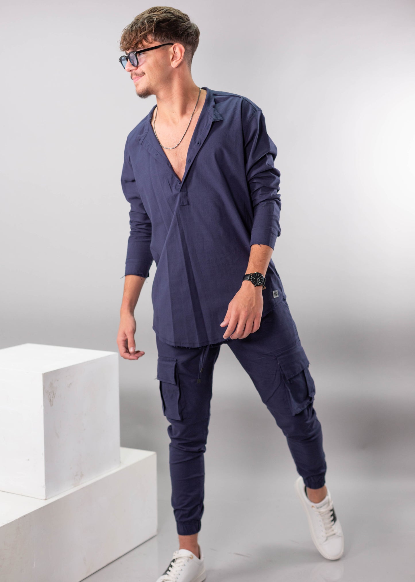 Linen Lycra Chinese Half-Button Shirt – Oversized & Stylish