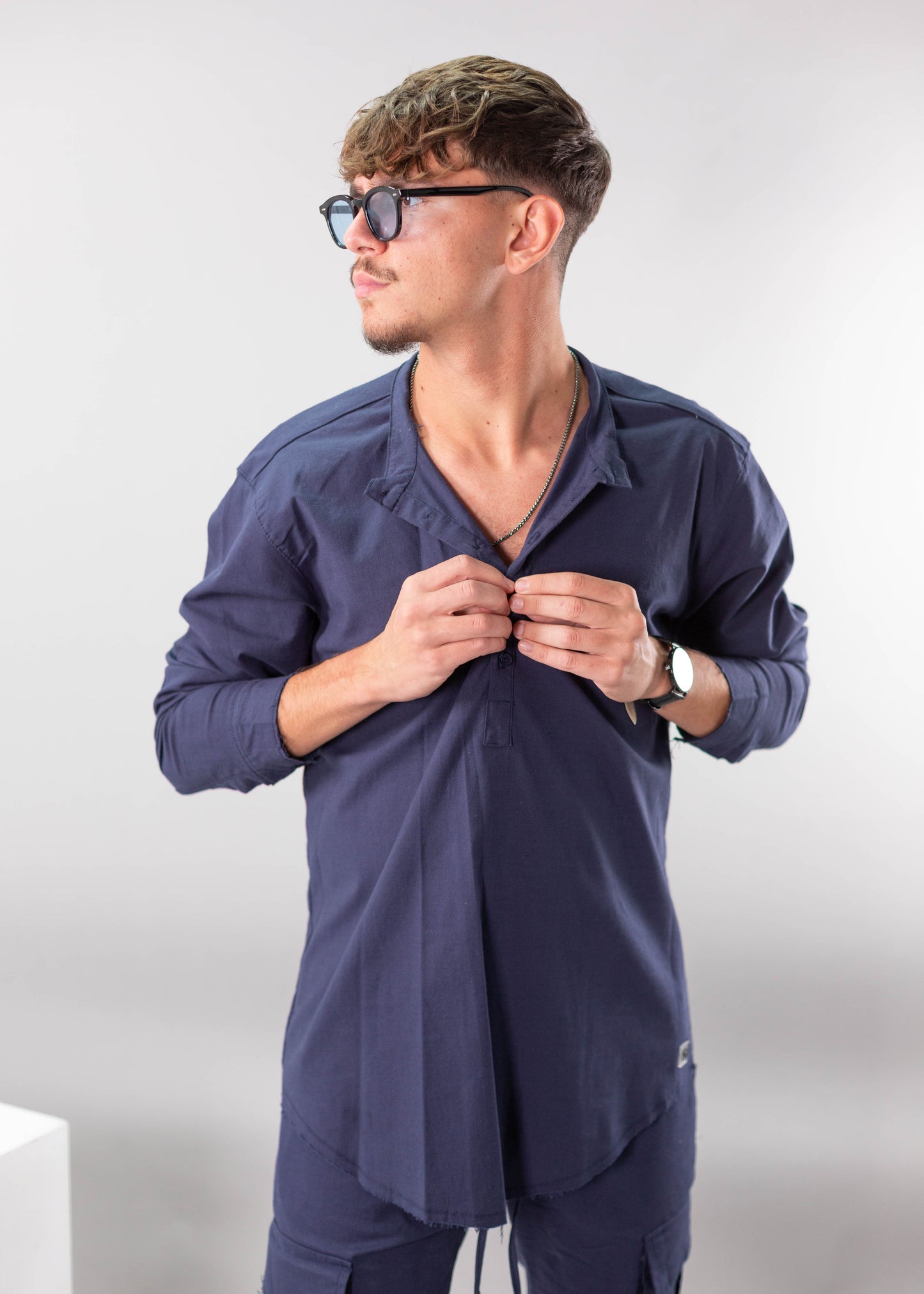 Linen Lycra Chinese Half-Button Shirt – Oversized & Stylish