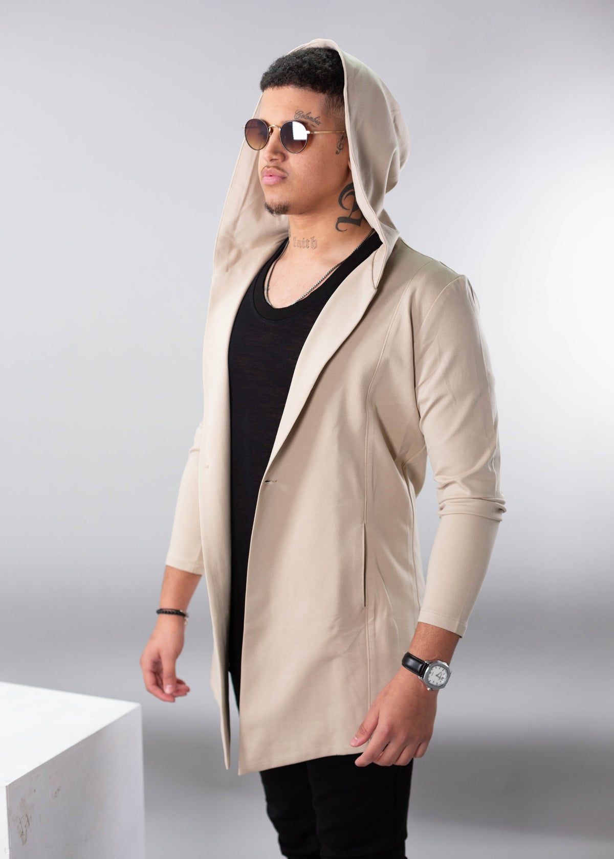 SWAG69 long hooded jersey jacket, Black/Beige - photo 2