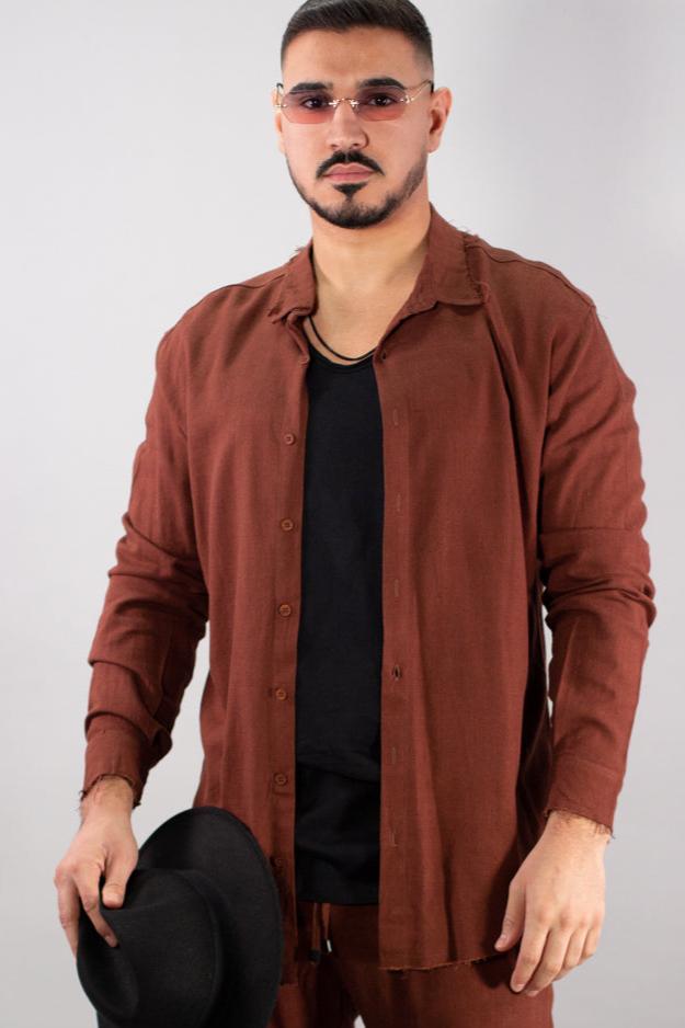 SWAG69 linen shirt for men - raw-edge hem detail