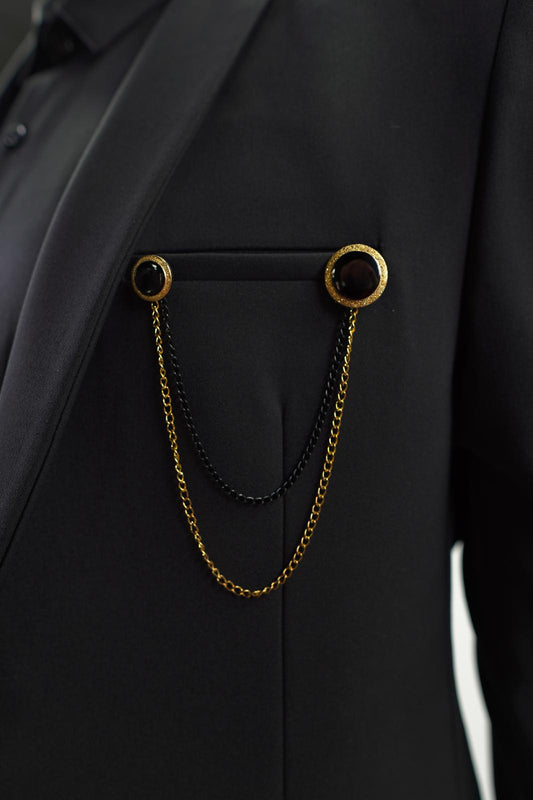 Swag69 Regal Gold & Black Dual-Chain Suit Lapel Brooch Pin