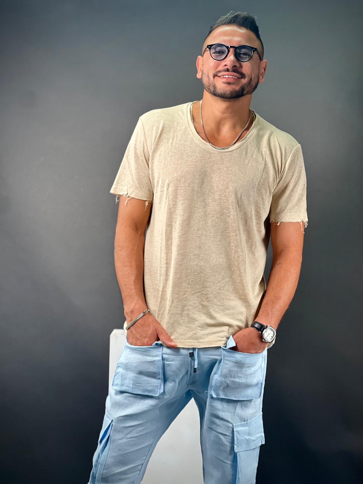 SWAG69 open collar short sleeve linen shirt, White and Khaki, photo 17