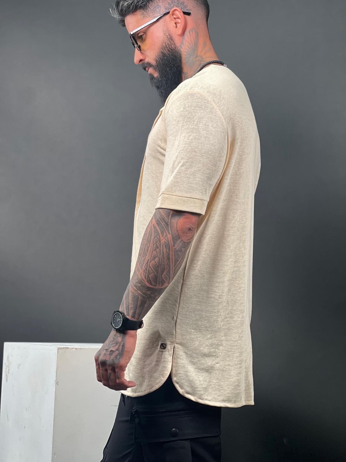 Linen Chinese collar button-up shirt-Mielo Collection