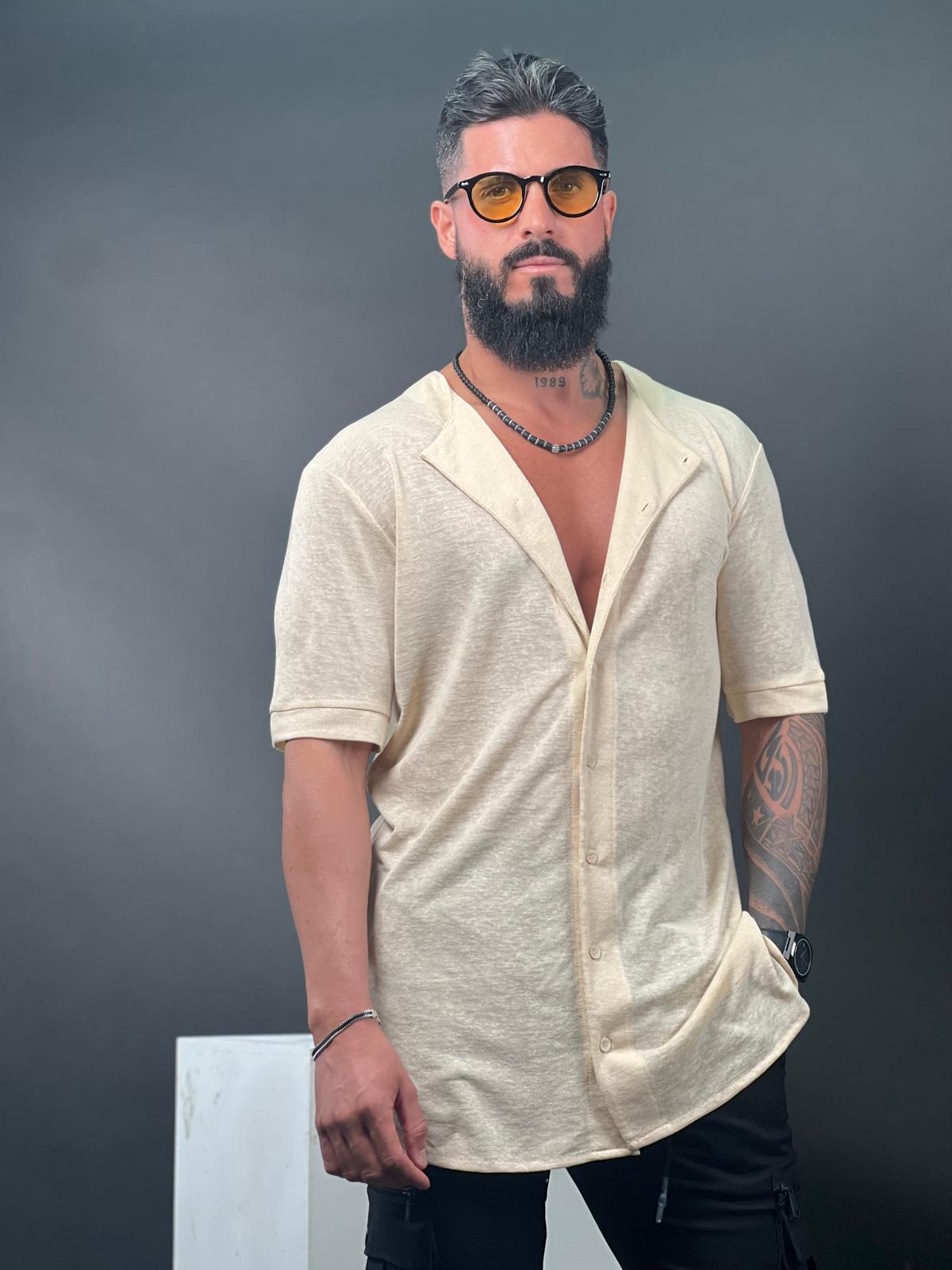 Linen Chinese collar button-up shirt-Mielo Collection