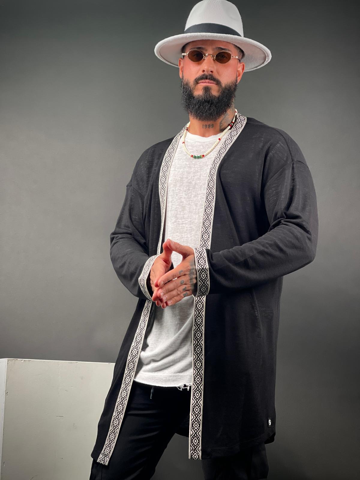 SWAG69 linen kimono with designer tie, White and Black, photo 14