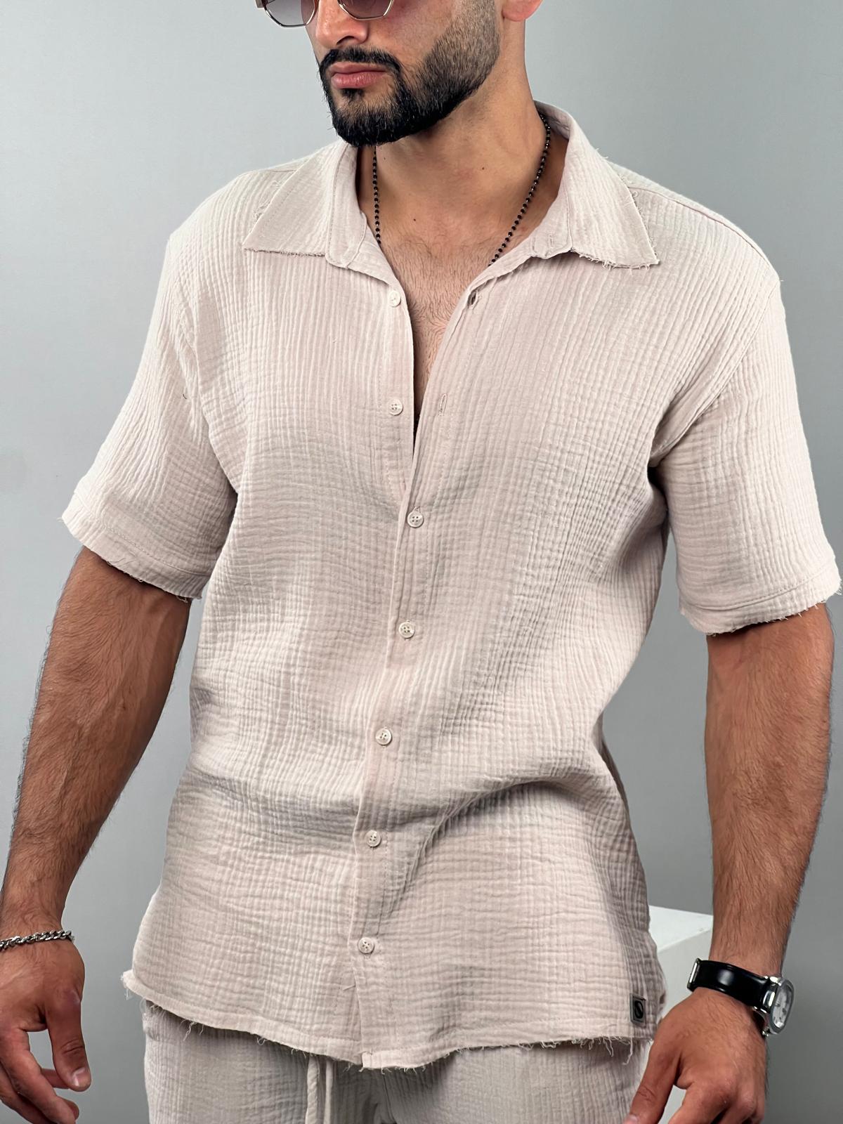 Short button-up shirt for men made of soft linen, Soliton Collection