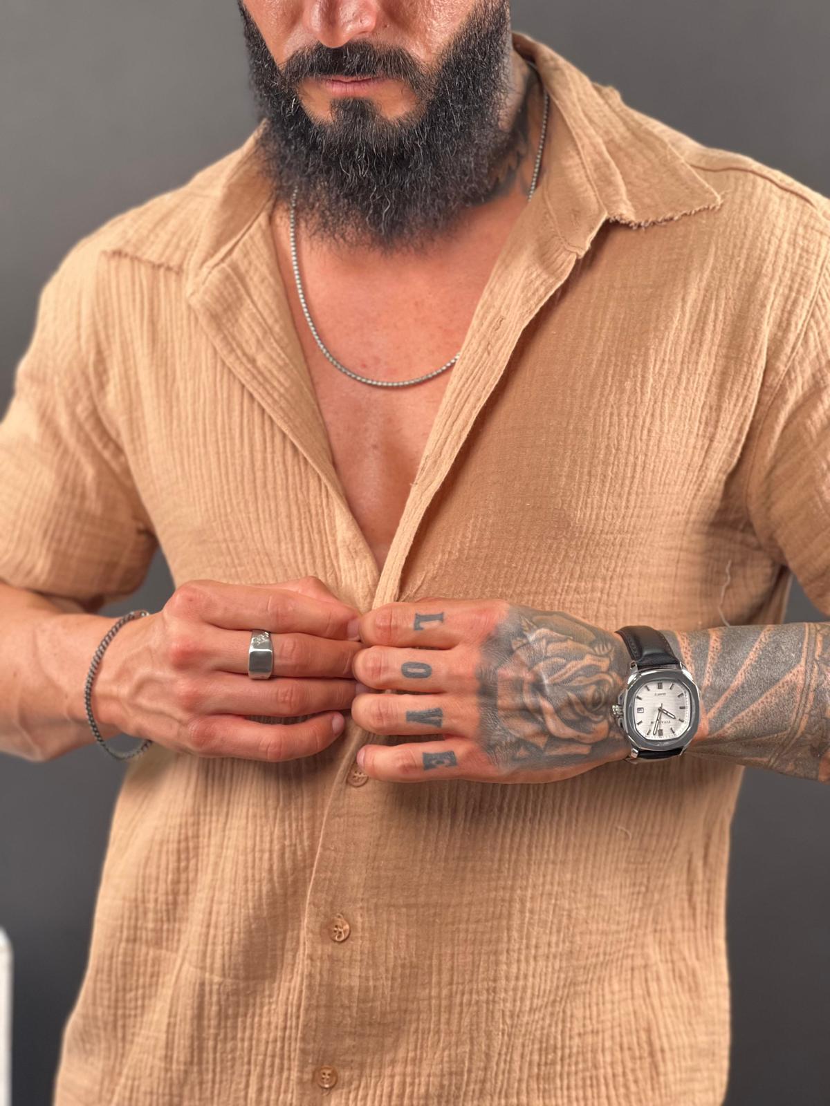 Short button-up shirt for men made of soft linen, Soliton Collection