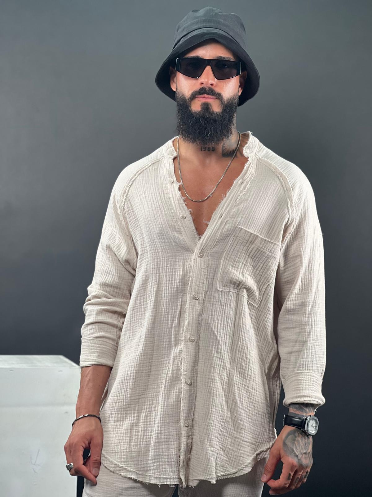 Button-up Shirt with Mandarin Collar in Oversized Style, Made from High-Quality Linen – Part of the Soliton Collection