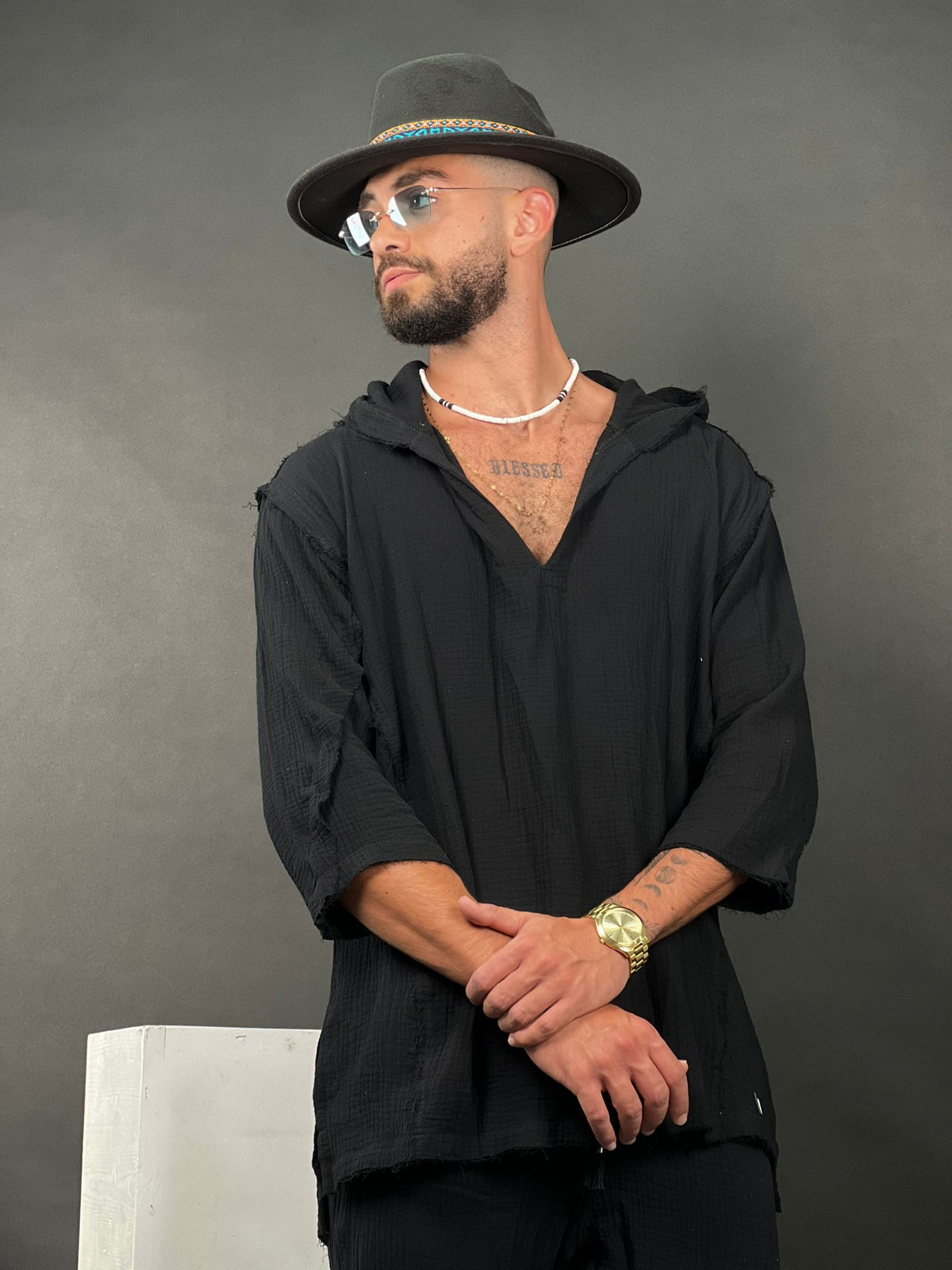 SWAG69 V-neck linen hoodie - photo 10