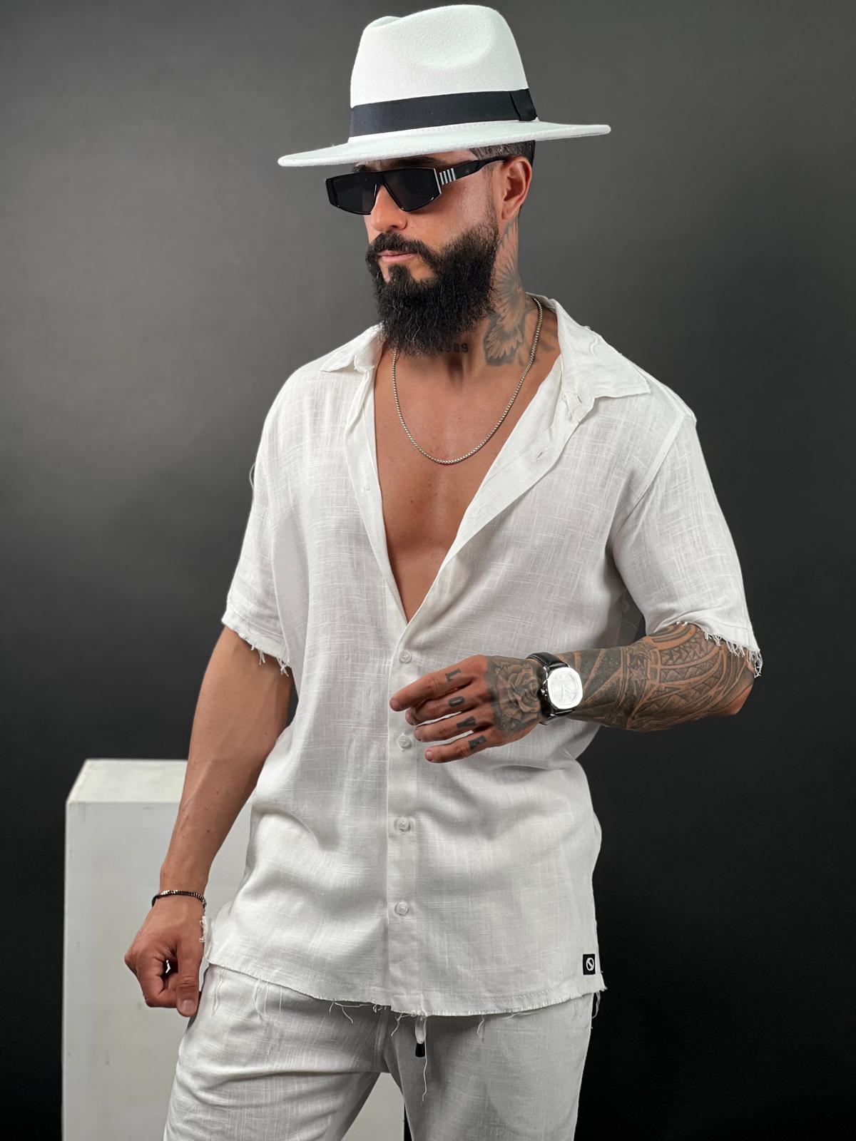 SWAG69 men's linen shirt - raw-edge hem and sleeve detail