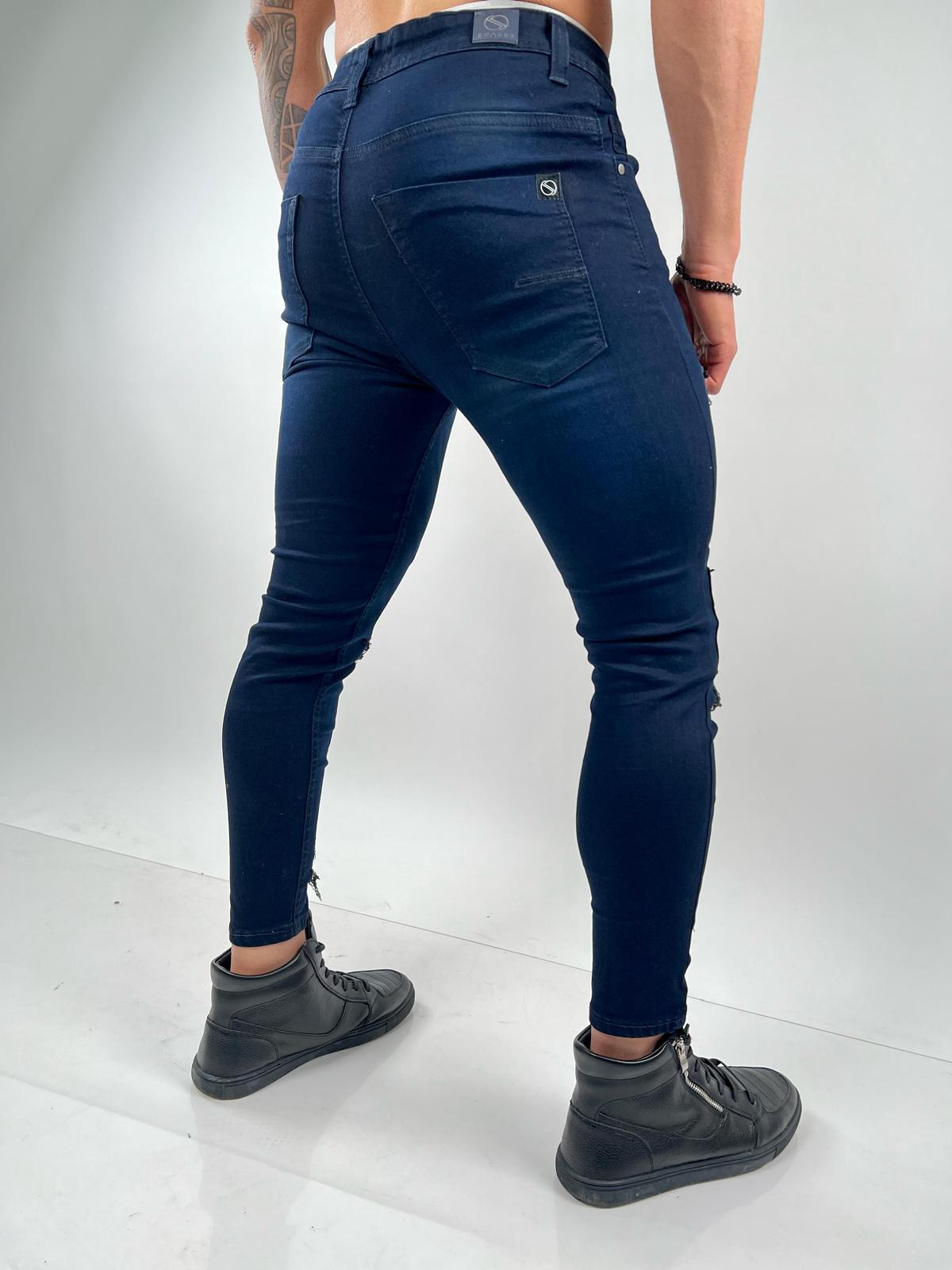 Dark Blue Skinny Jeans with Modern Patches - S198