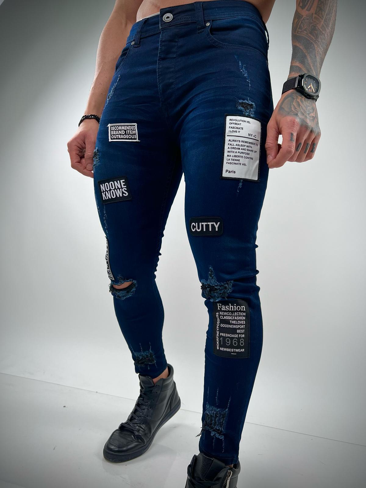 Dark Blue Skinny Jeans with Modern Patches - S198