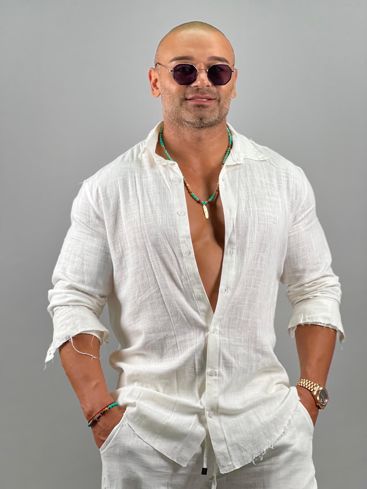SWAG69 linen shirt for men - raw-edge hem detail