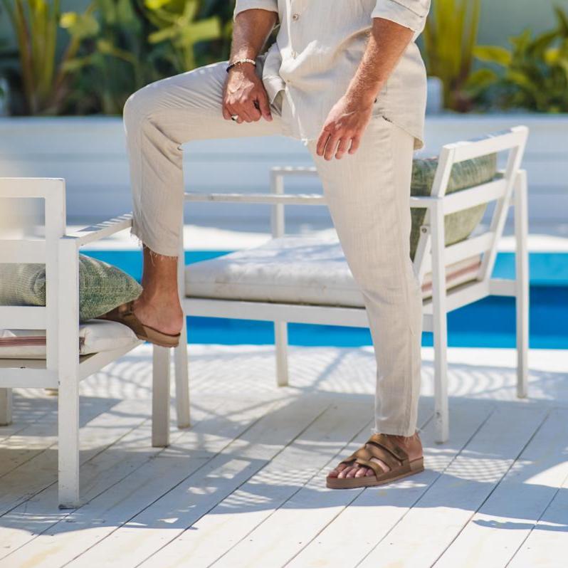 SWAG69 linen pants for men - raw-edge hem detail