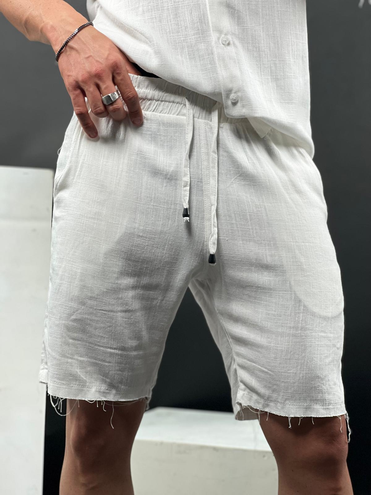 SWAG69 linen shorts for men - raw-edge hem detail