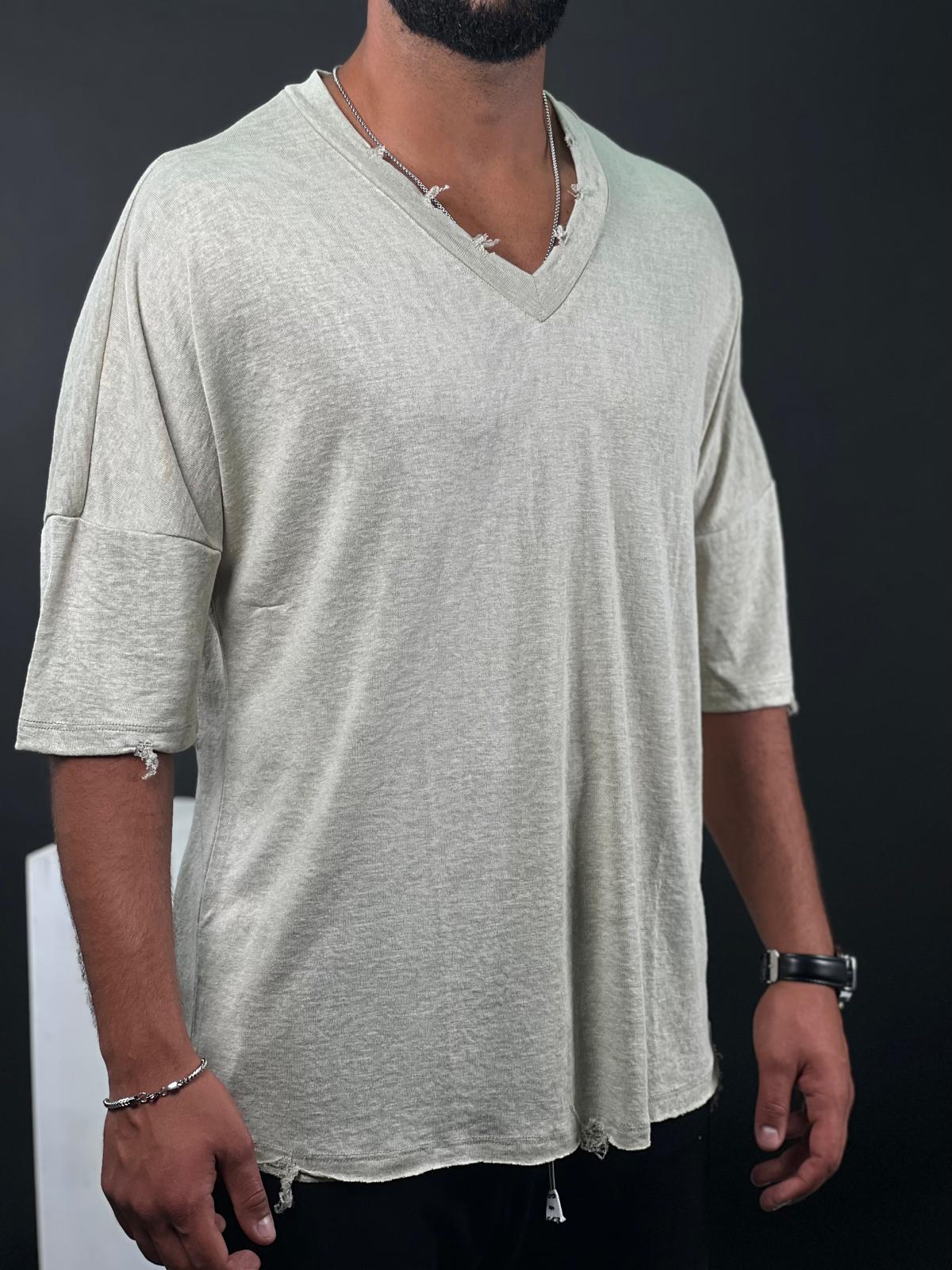 SWAG69 oversized V-neck linen shirt, distressed detailing, photo 2