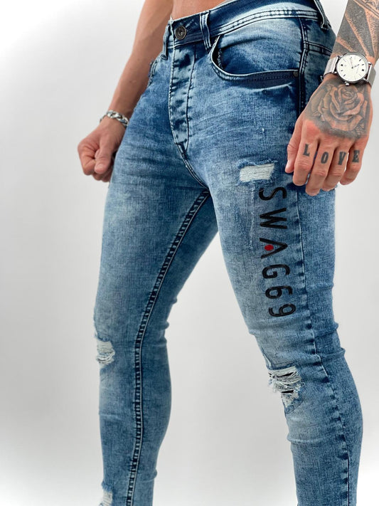 Light Distressed Skinny Jeans with SWAG69 Patch - S183