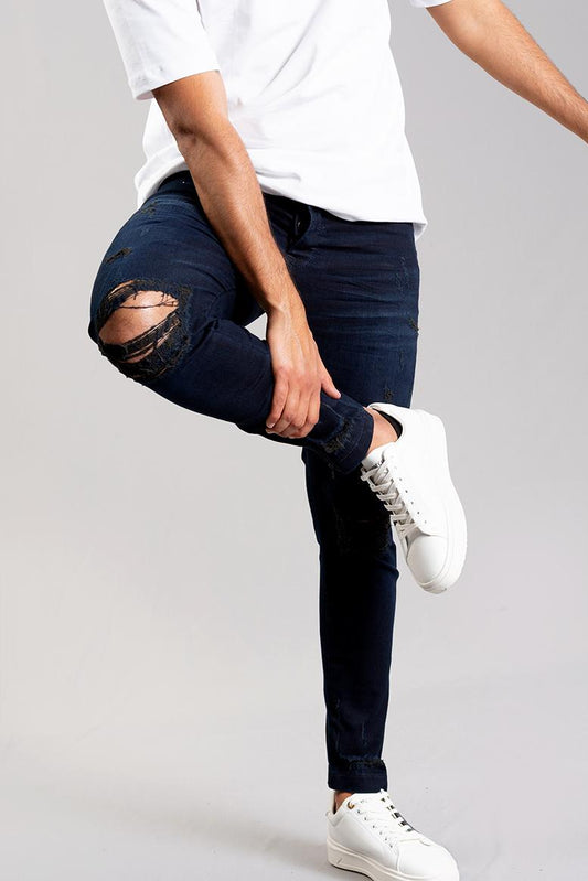 Dark Blue Ripped Skinny Jeans with Zipper Details - ES-1