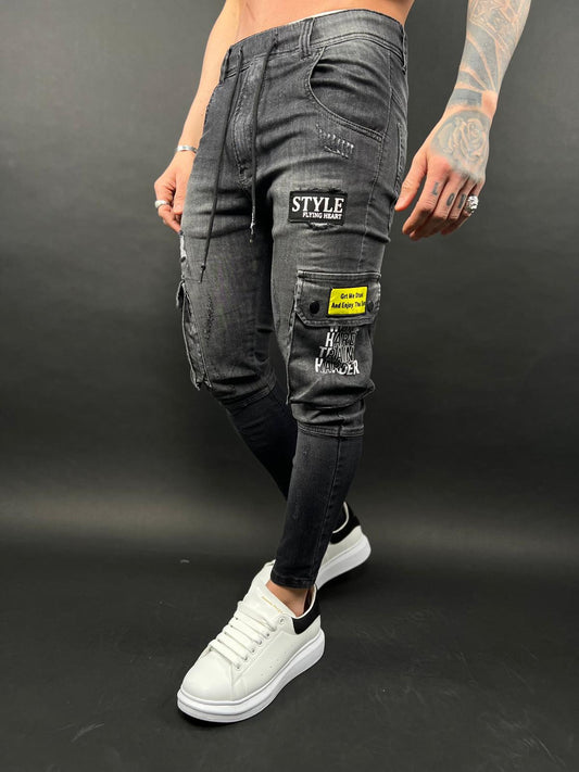 Dark Gray Stretch Denim Jogger Cargo Pants with Patches – Model S10